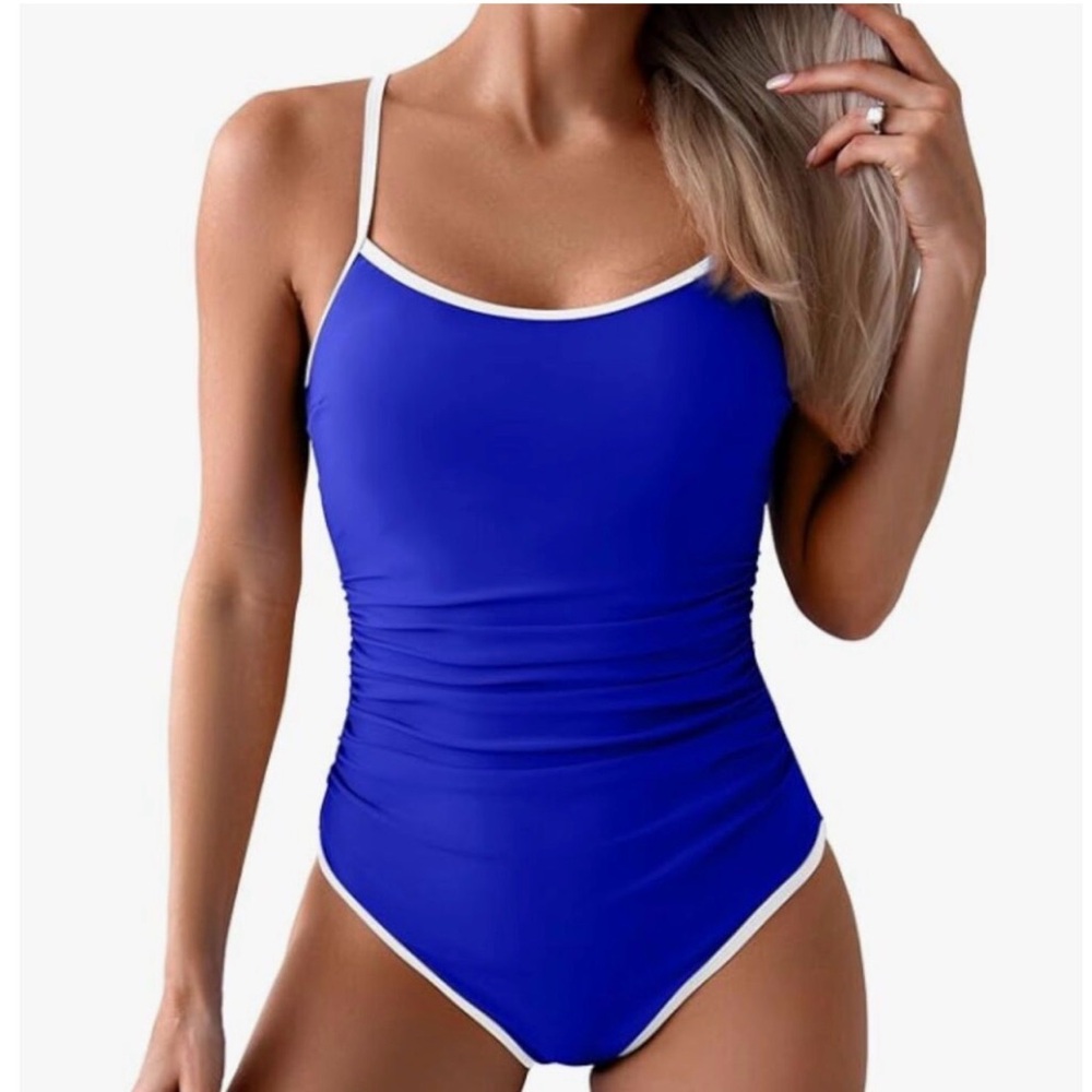 EoMENIE Classic Blue One-Piece Swimsuit w/ White Trim Size Medium NWT
